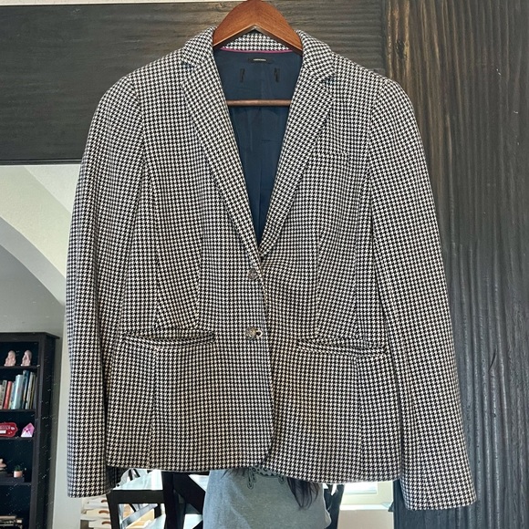 Talbots Aberdeen Blazer Houndstooth Pattern Navy Blue White Button Up - Picture 2 of 8